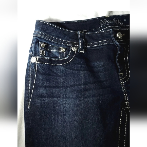 Miss Me jeans Sz 28 Signature Boot Stretch Denim Low Rise Red Bling Dark EUC - Picture 7 of 14